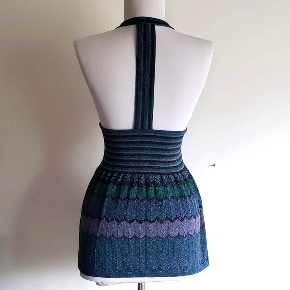 Metallic PEACOCK Halter T-back Sexy Top Clubbing Disco Shimmery Chevron - Picture 1 of 13